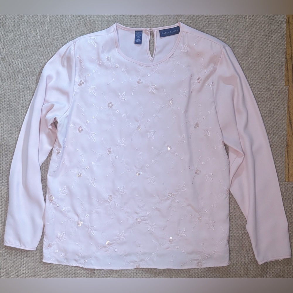 Vintage Light Blush Pink Floral Embroidery Blouse Shirt Large Cottage Core